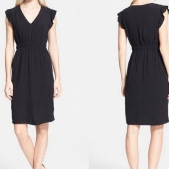 Kate Spade New York Black V Neck Flutter Sleeve Smocked Waist Midi Dress Size 10 - Picture 1 of 8